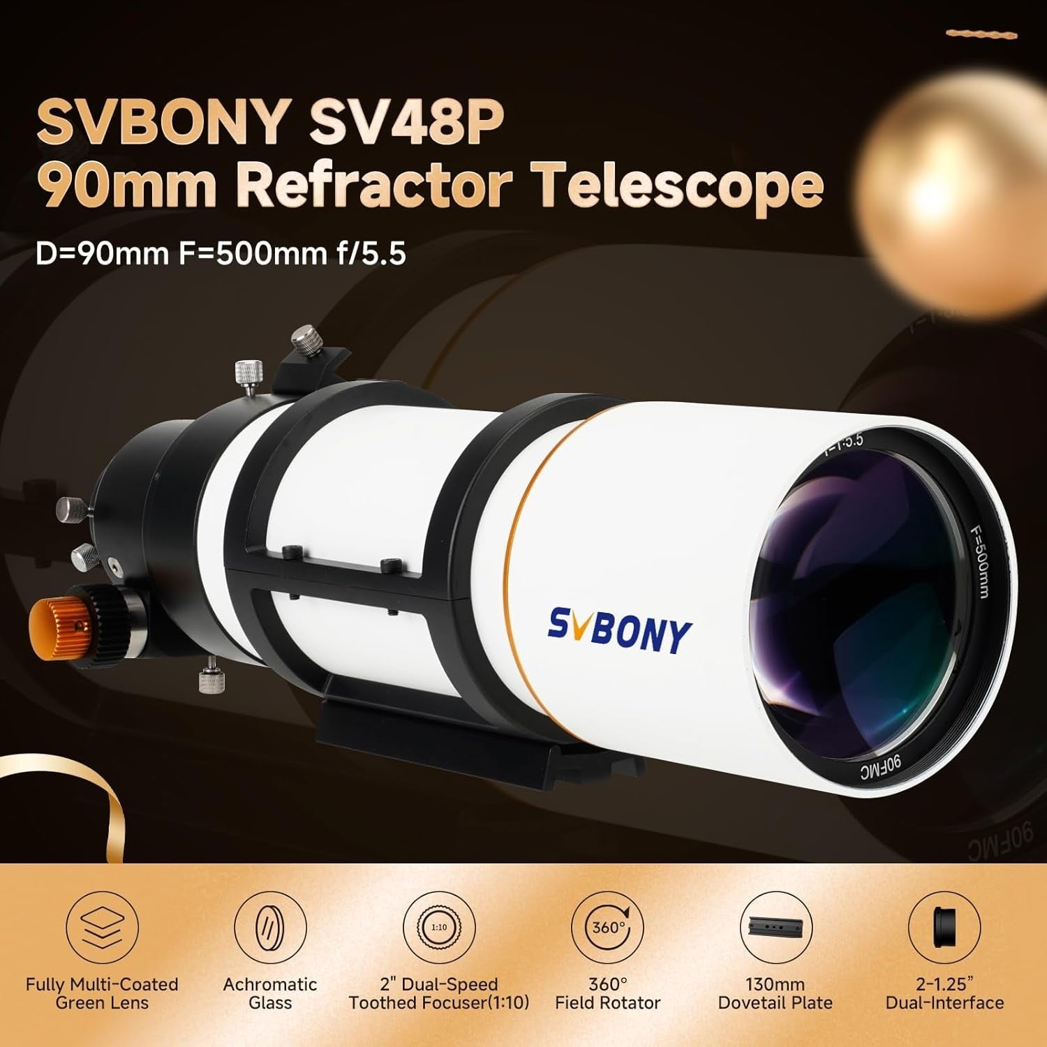 SV48P 90MM F5.5 Refractor Telescope OTA Altazimuth Dual-Speed Focuser