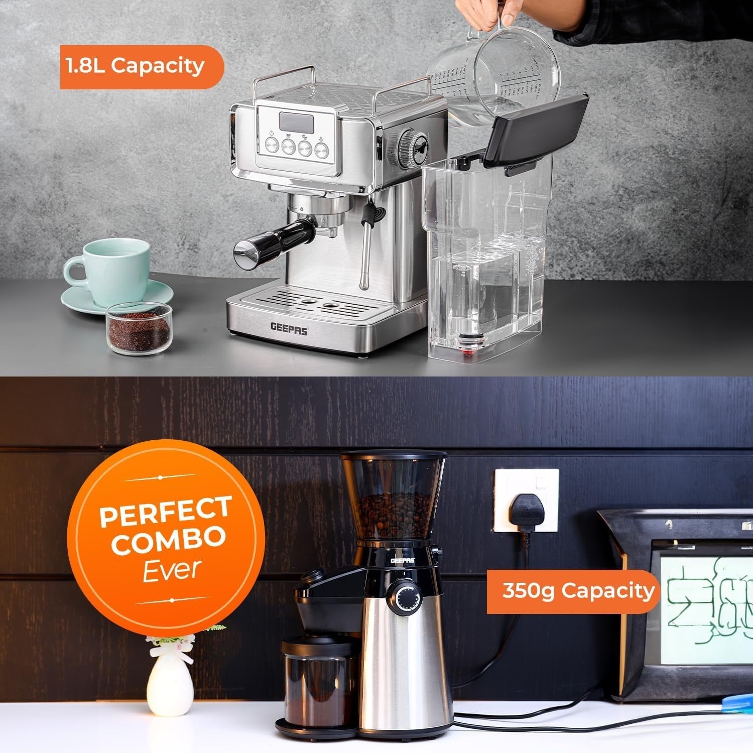 1465W Espresso Machine & Burr Coffee Grinder Set | 20-Bar Pressure