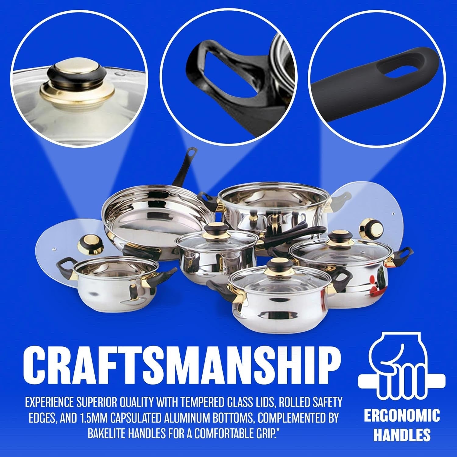 12pcs Stainless Steel Cookware Set with Glass Lids Saucepan Frying Pot