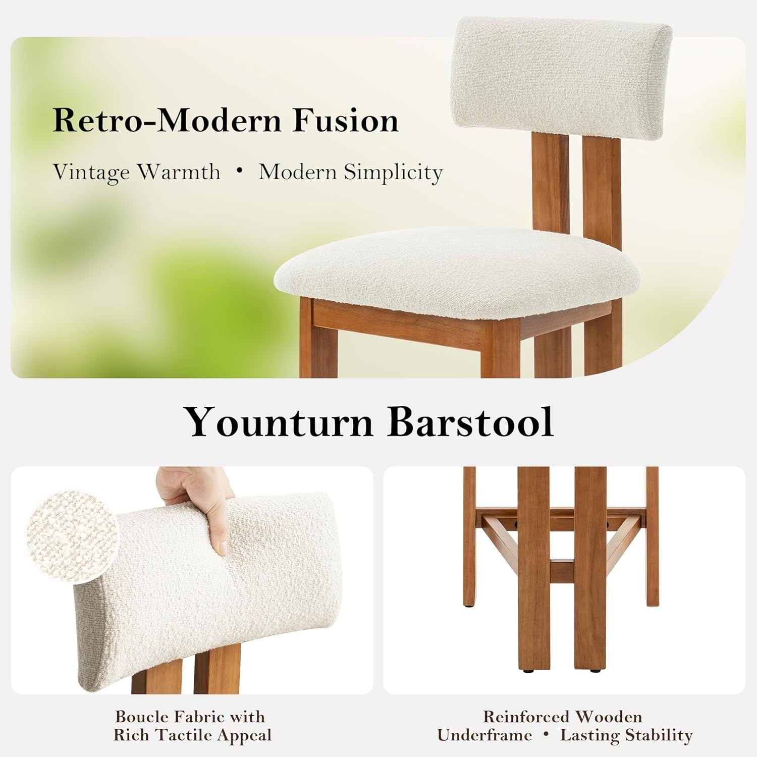 Retro Mid Century Bar Stools Set of 2 Cream Boucle Padded Kitchen Island