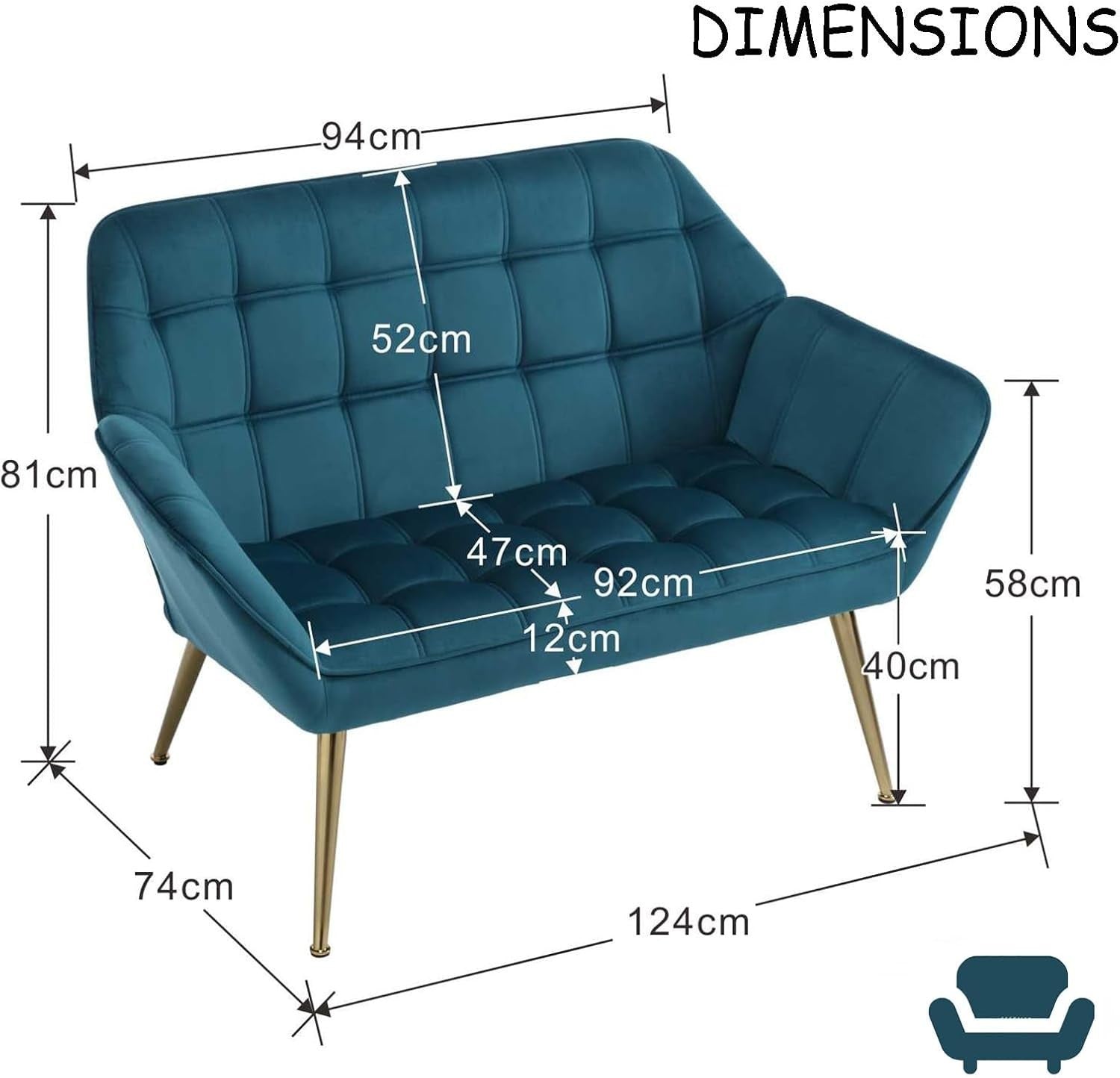 Blue Velvet 2 Seater Sofa Tub Chair Loveseat Metal Legs Lounge Armchair