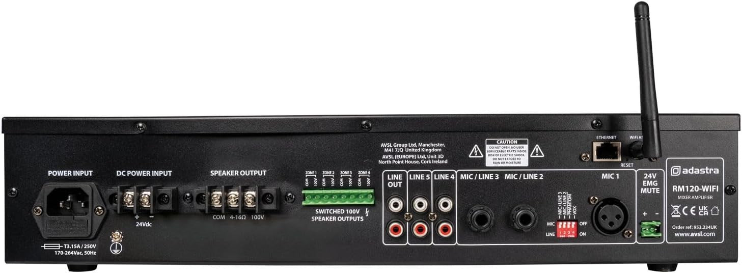 RM-Series 100V Mixer Amplifier 120W 5-Channel WiFi Bluetooth Rack Mount