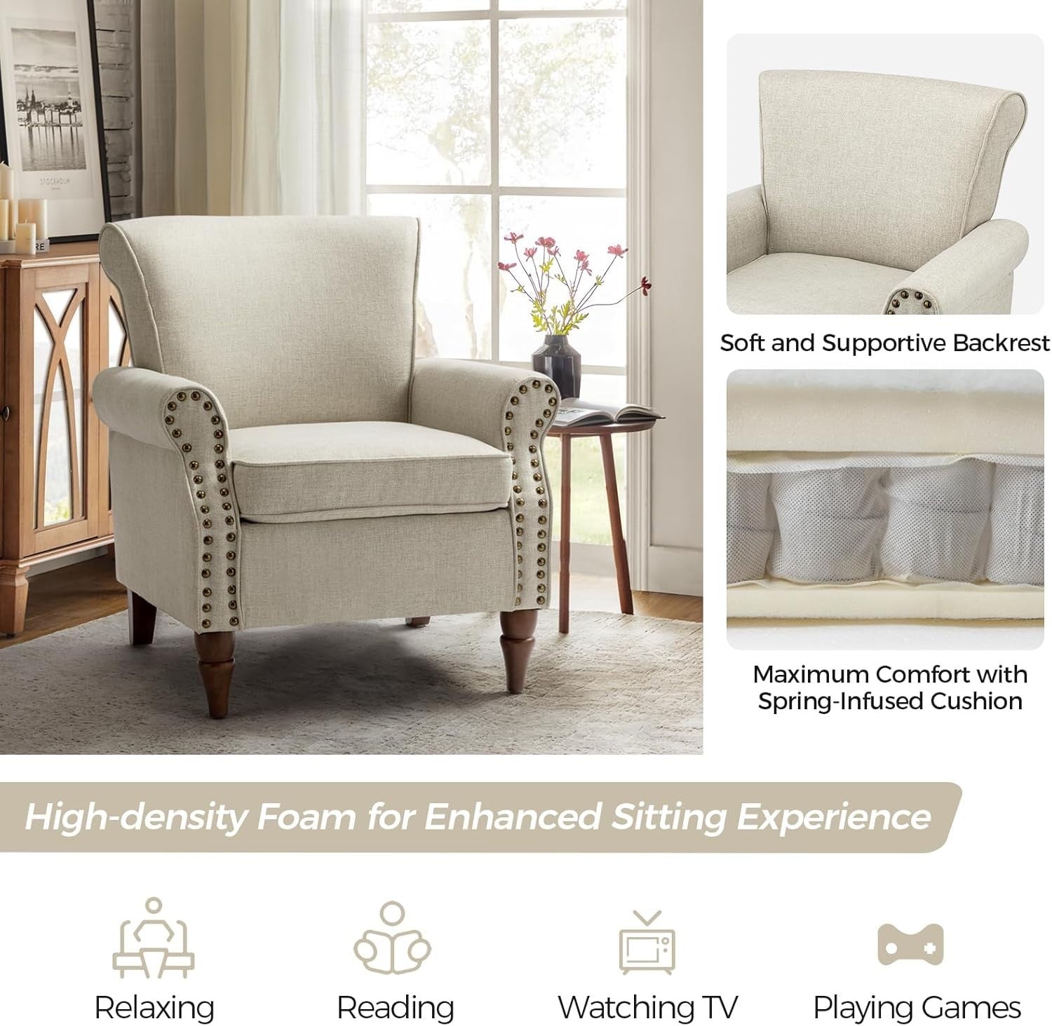 Oatmeal Wingback Accent Chair Comfy Upholstered Lounge Living Room Seat