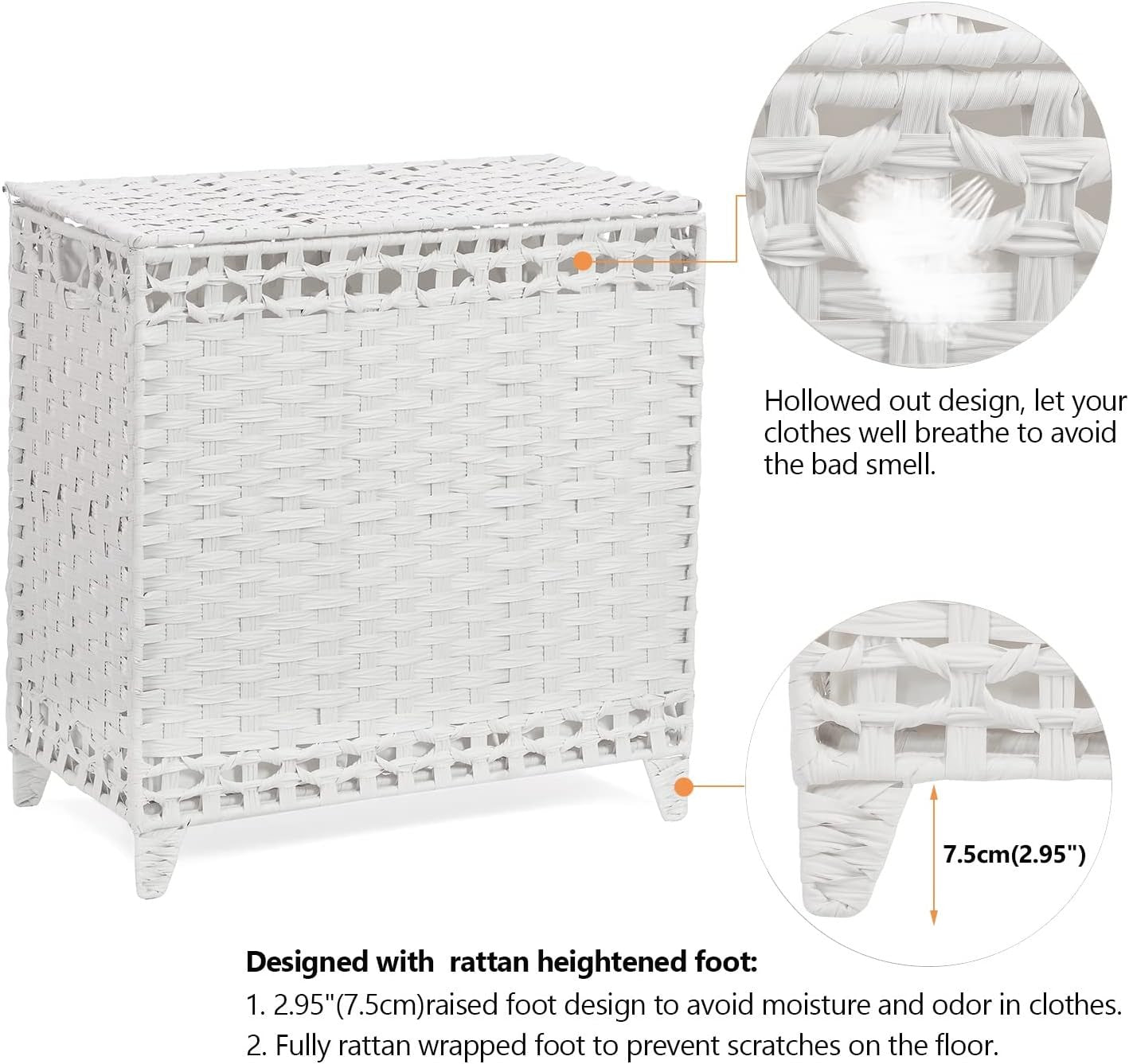 132L Rattan Laundry Hamper with Lid 3-Section Basket Removable Liner Bags White