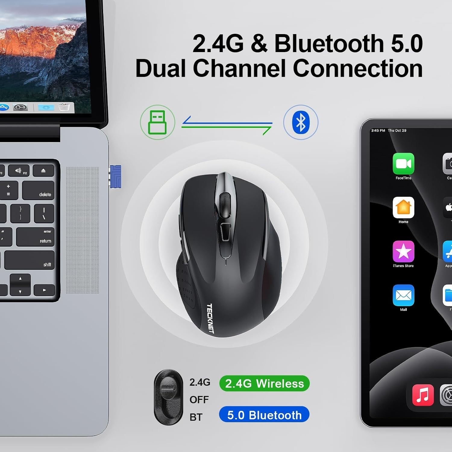 Silent Ergonomic Bluetooth Mouse Tri Mode Rechargeable 4800DPI Office Black