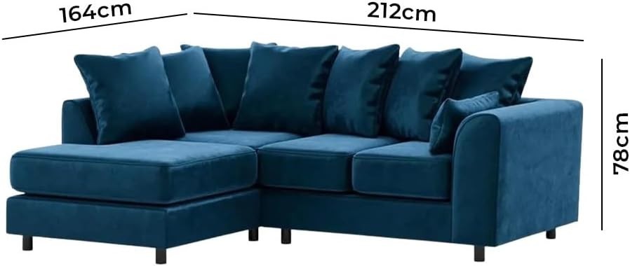 Modern Blue Plush Velvet 4 Seater L Shape Sofa - Comfy Modular Corner Couch