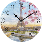 25cm Eiffel Tower Wall Clock – Silent Non-Ticking Spring Flowers Paris Decor