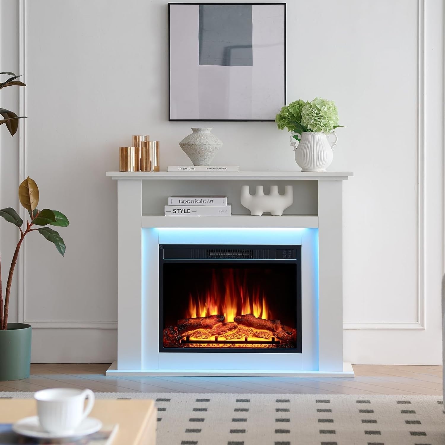 Electric Fireplace Suite Heater White 39” LED Flame Freestanding Fire
