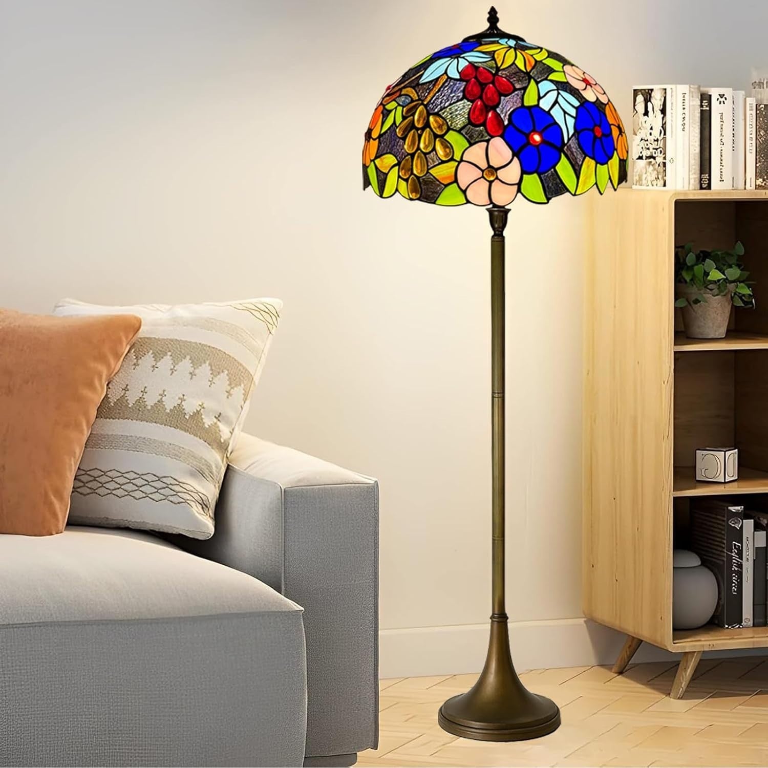 Tiffany Style Floor Lamp Handcrafted Stained Glass 16in Antique Decor Light