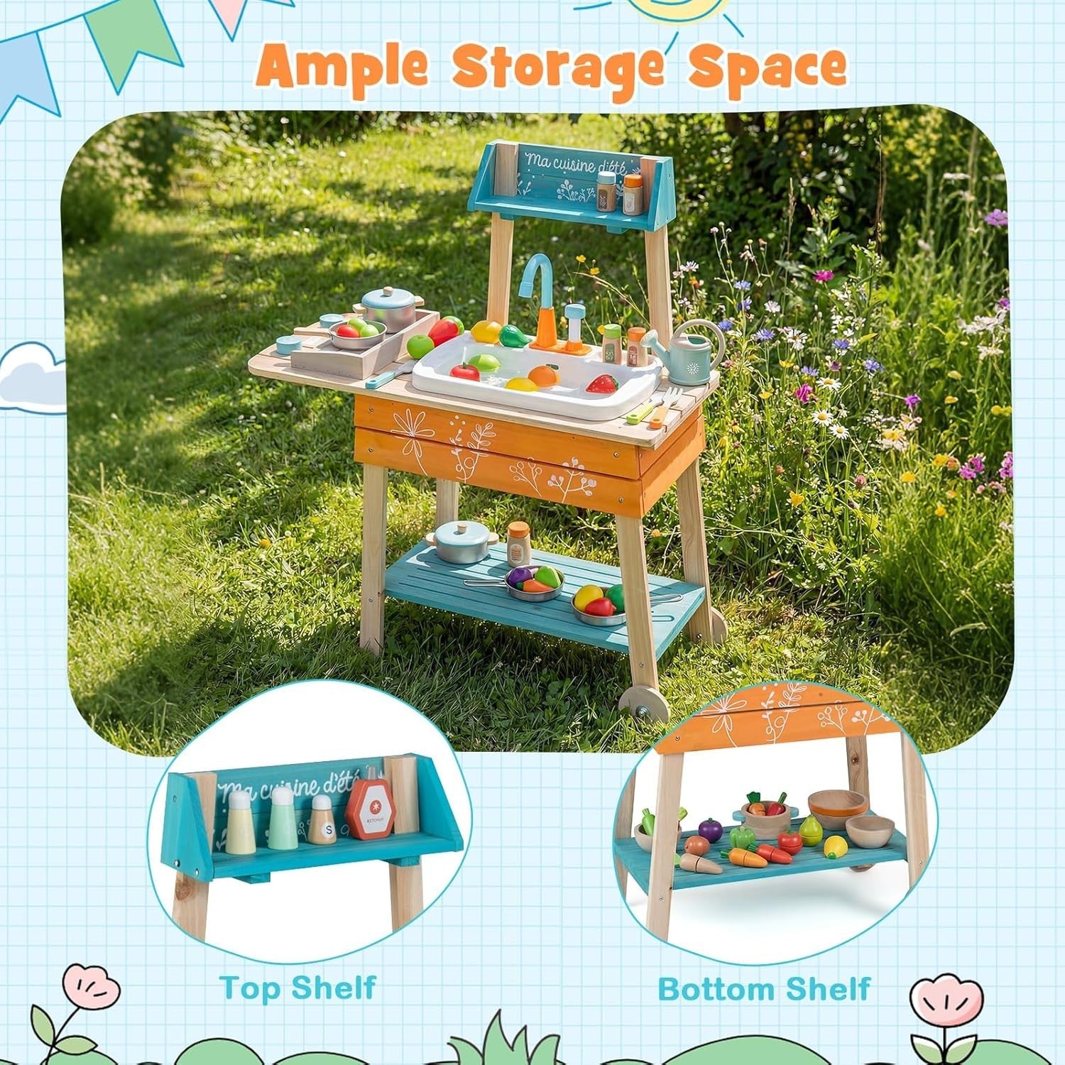 Kids Outdoor Mud Kitchen Wooden Playset Sink Faucet BBQ Toy 3+