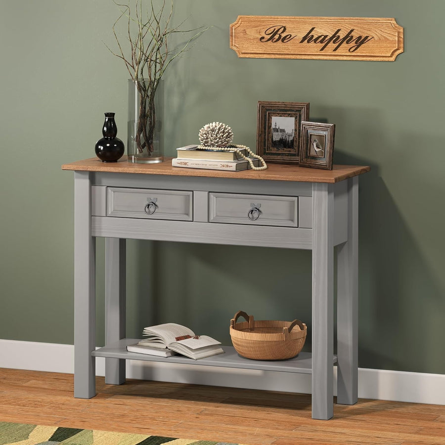 Grey 2 Drawer Console Table Pine Wood Wax Finish – Slim Hallway Storage