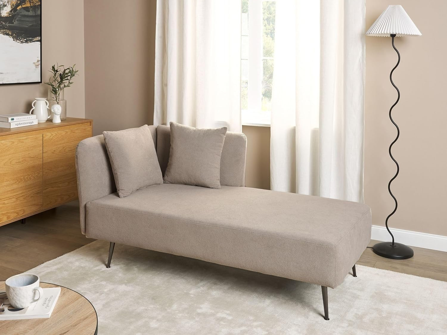 Modern Left Hand Beige Chaise Lounge Recliner with Cushions Polyester Fabric