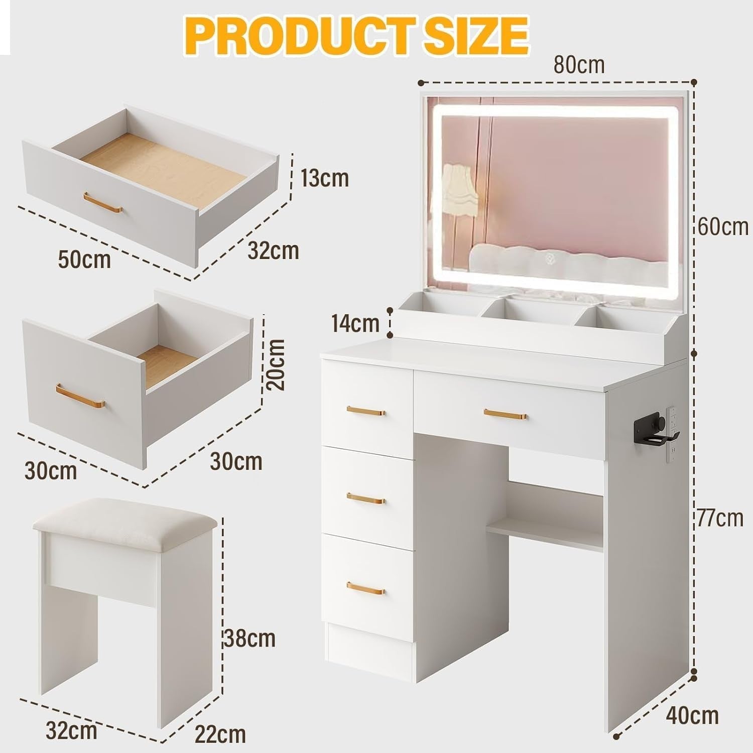 White Modern Vanity Desk w/Lighted Mirror Stool UK Plug 4 Drawers Study Table