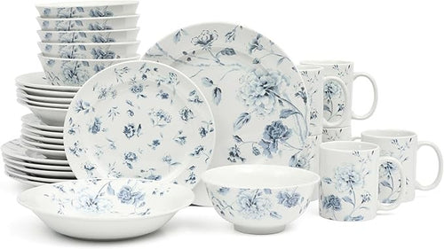 30pc Floral Porcelain Dinnerware Set Service for 6 Plates Bowls Mugs Blue