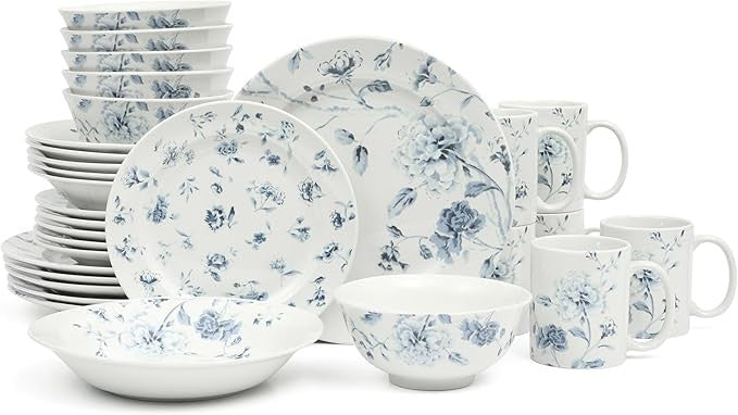 30pc Floral Porcelain Dinnerware Set Service for 6 Plates Bowls Mugs Blue
