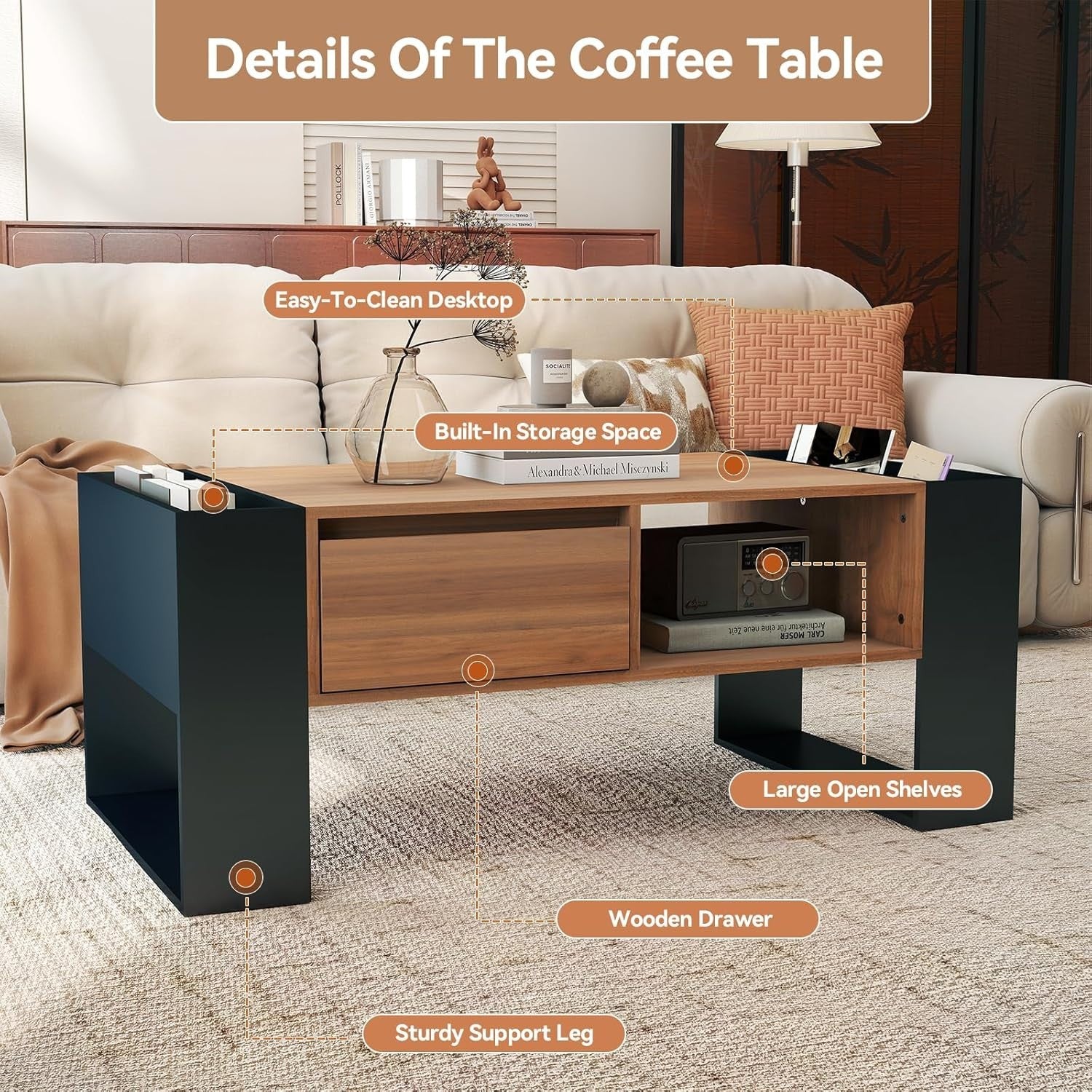 Rustic Brown Coffee Table with Storage Drawer & Shelves 98x50x40cm