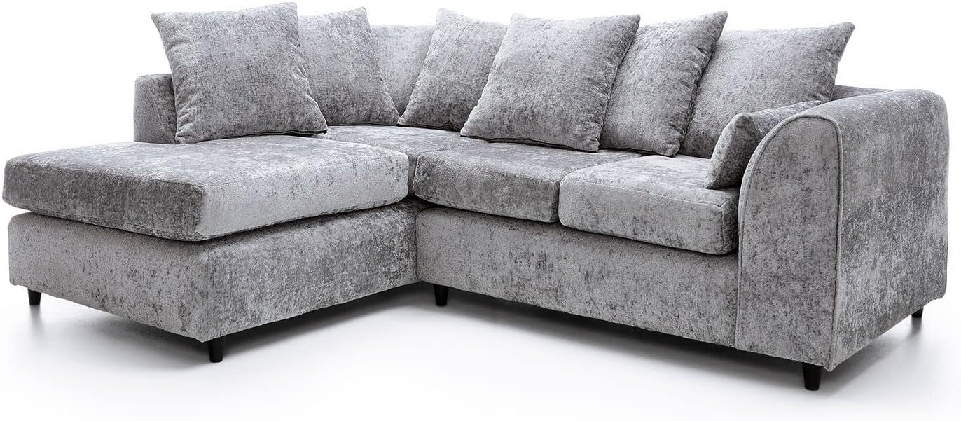 Luxury Light Grey L Shaped Corner Sofa 5 Seater Crushed Chenille Couch