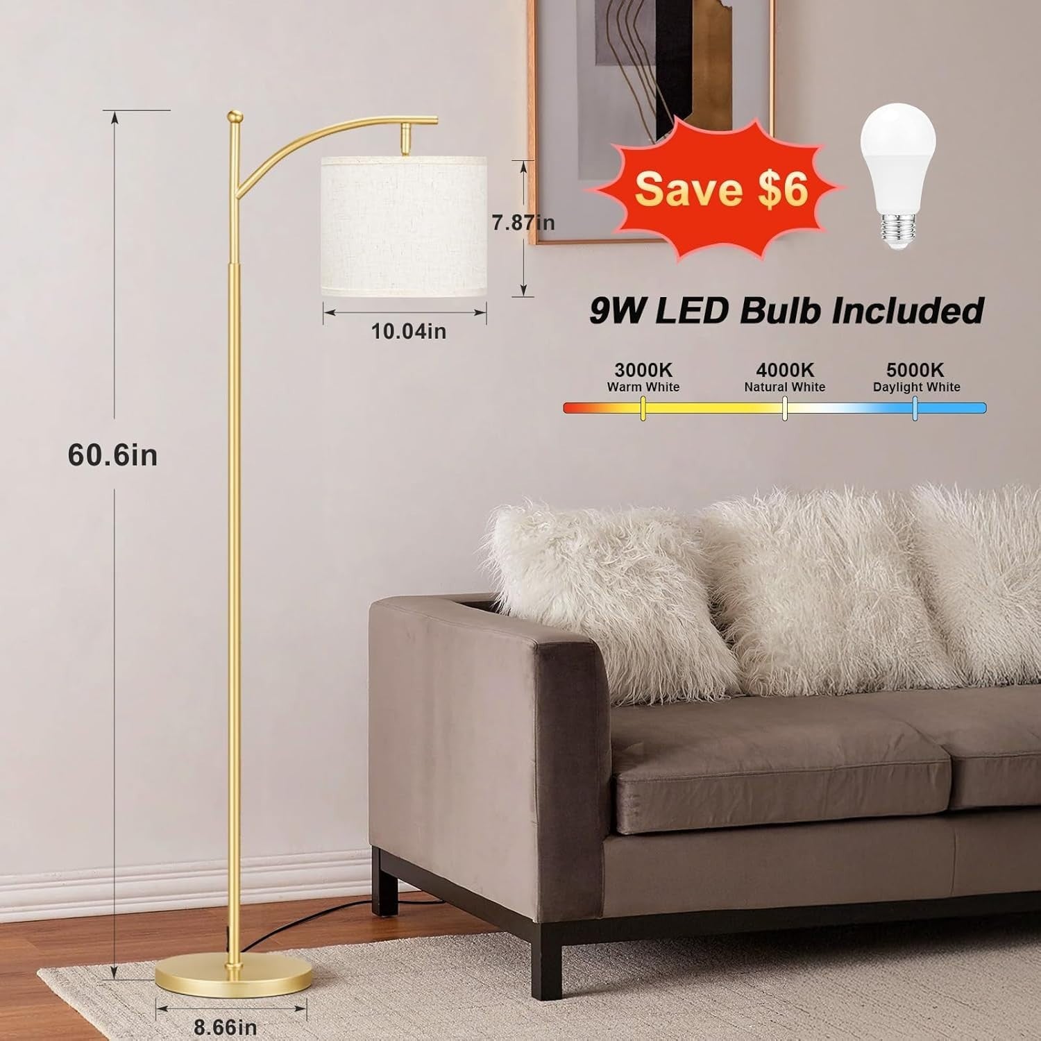 Gold Floor Lamp 60in Standing Lamp 3 Color Temperatures Adjustable Shade 9W