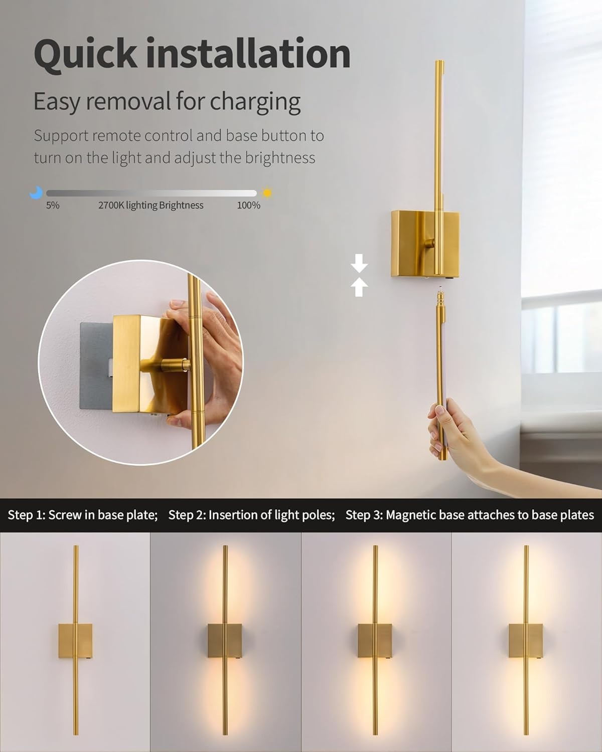 Rechargeable Gold LED Wall Sconces Set of 2, Dimmable, Remote Control, 23.6"