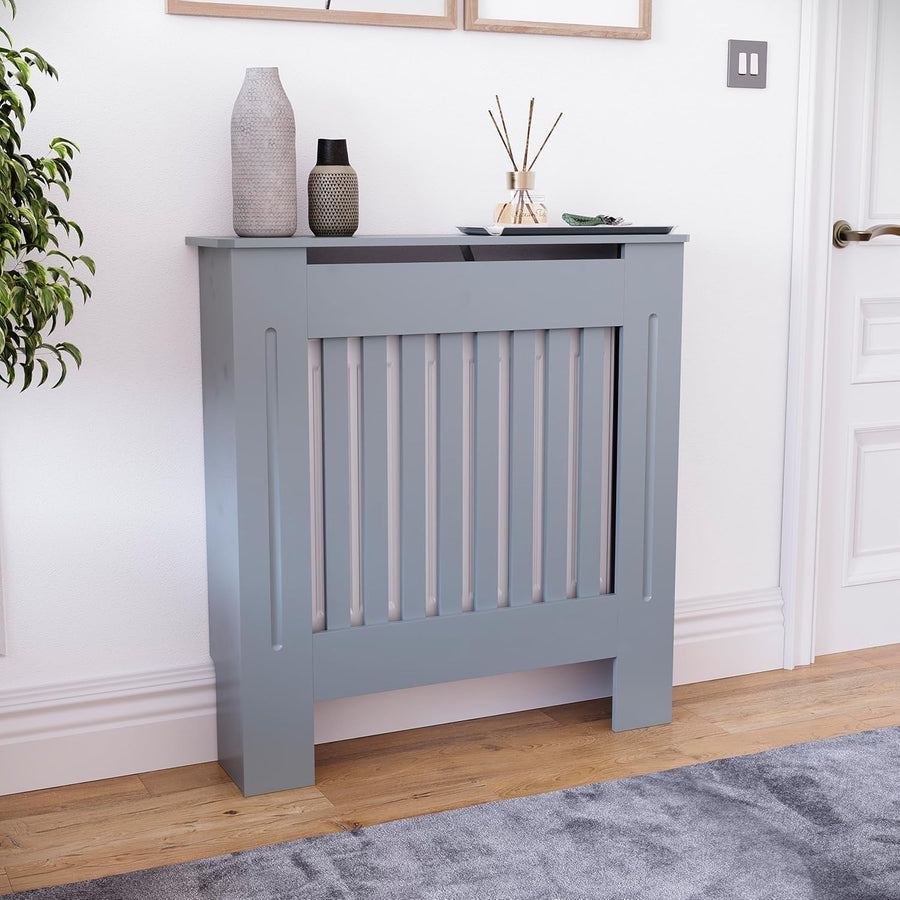 Small Dark Grey Radiator Cover Cabinet | Modern MDF Slatted Heater Cover