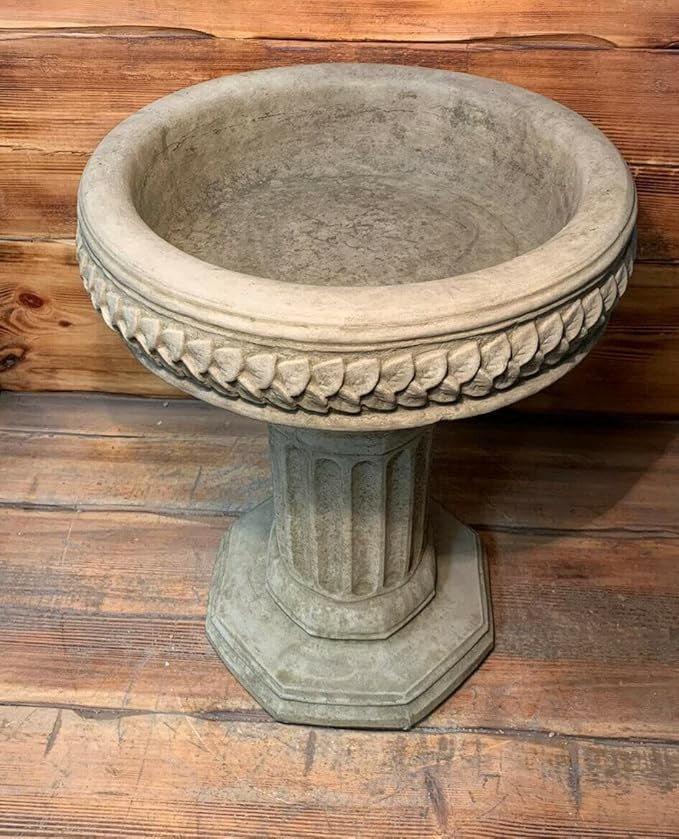 Stone Garden Bird Bath – Hexagonal Art Deco Leaf Vine Design Outdoor Ornament