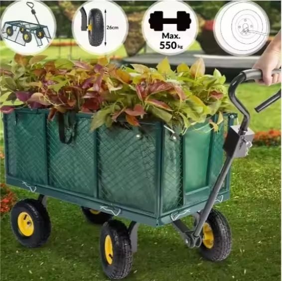 Heavy Duty 550kg Steel Garden Trolley Wagon with Removable Sides & Liner Green