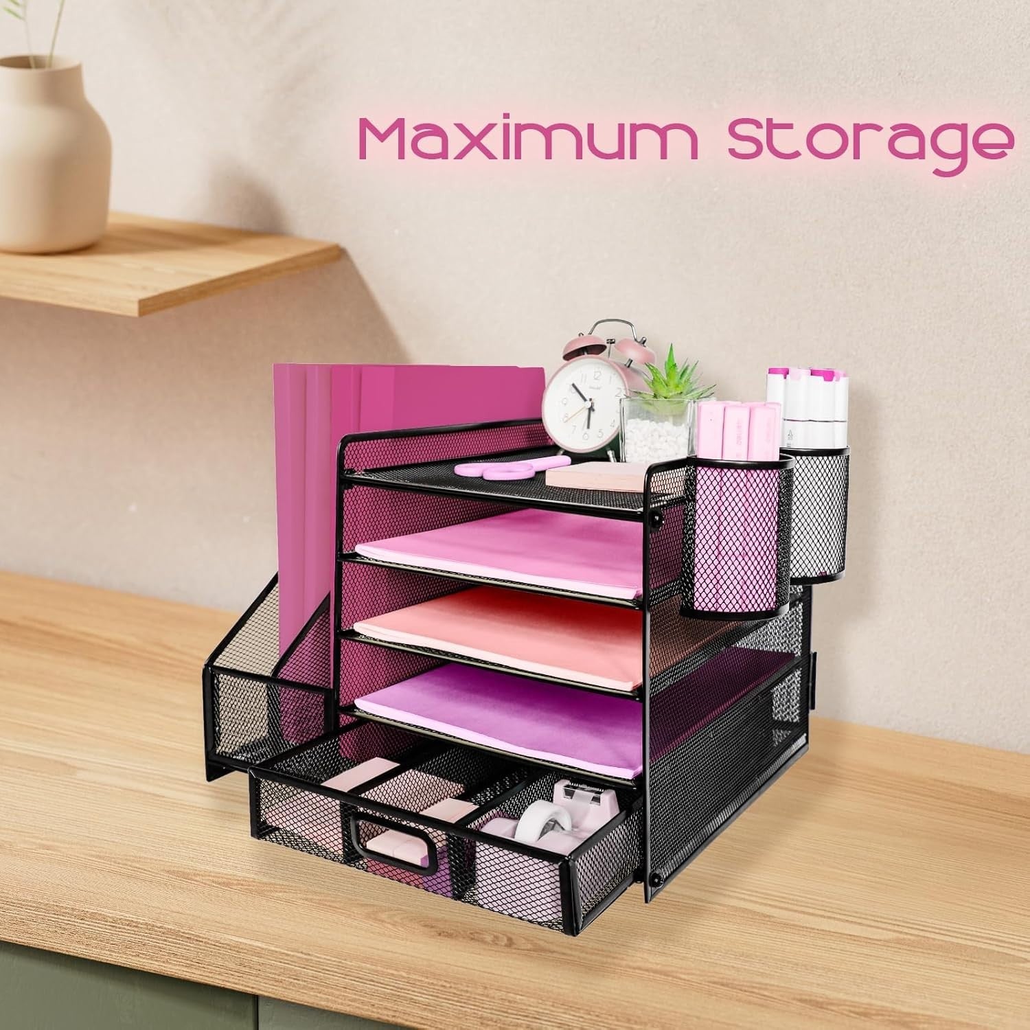 5 Tier Desk Organizer File Holder Drawer Mesh Paper Tray Office Black