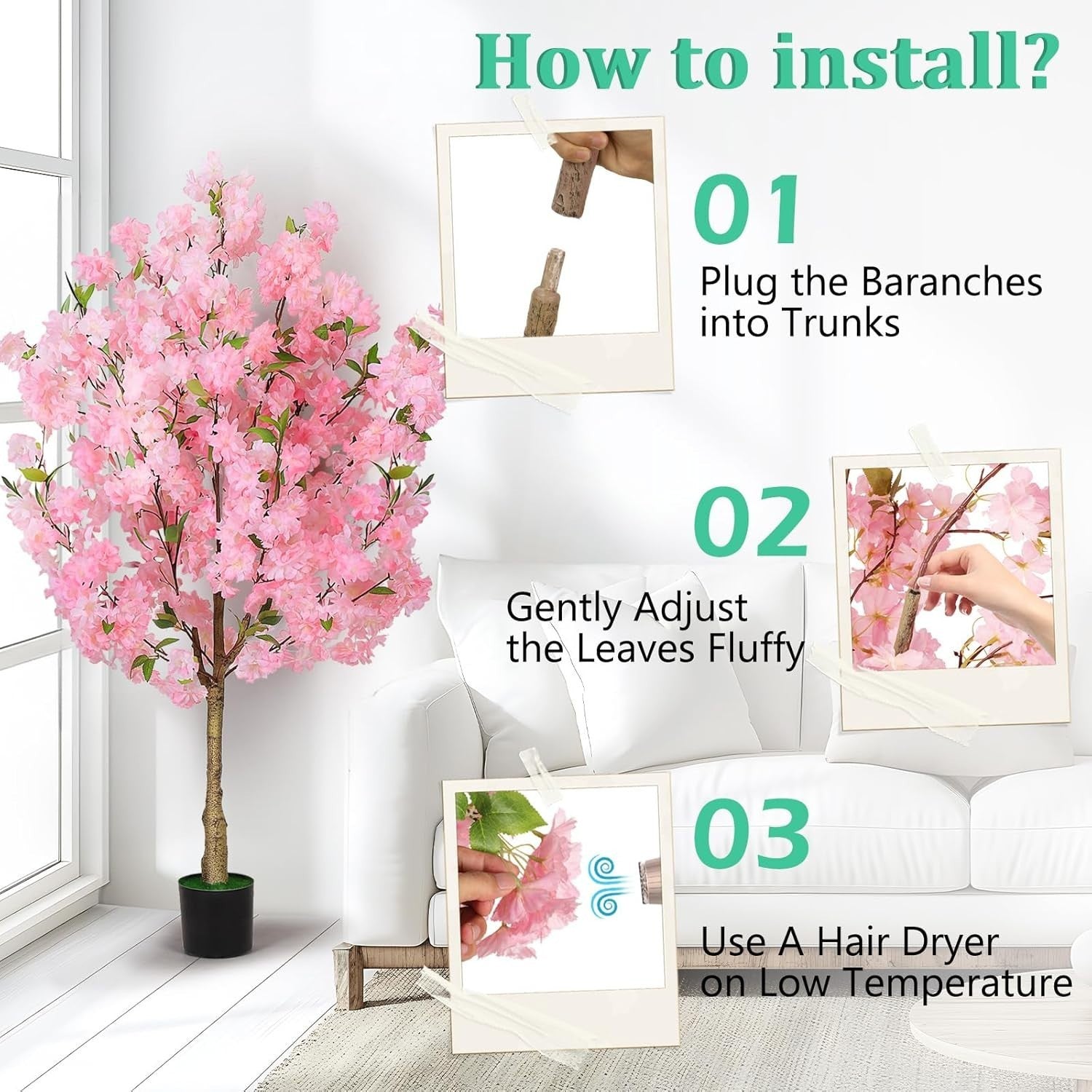 2 Pack 120cm Cherry Blossom Trees Pink Faux Flowering Sakura Large Indoor Decor