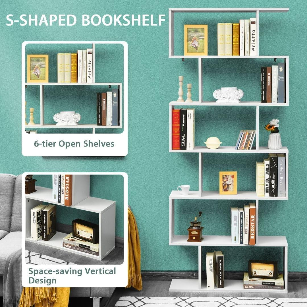 White S-Shaped 6 Tier Bookcase Tall Freestanding Storage Display Unit 80×23×192