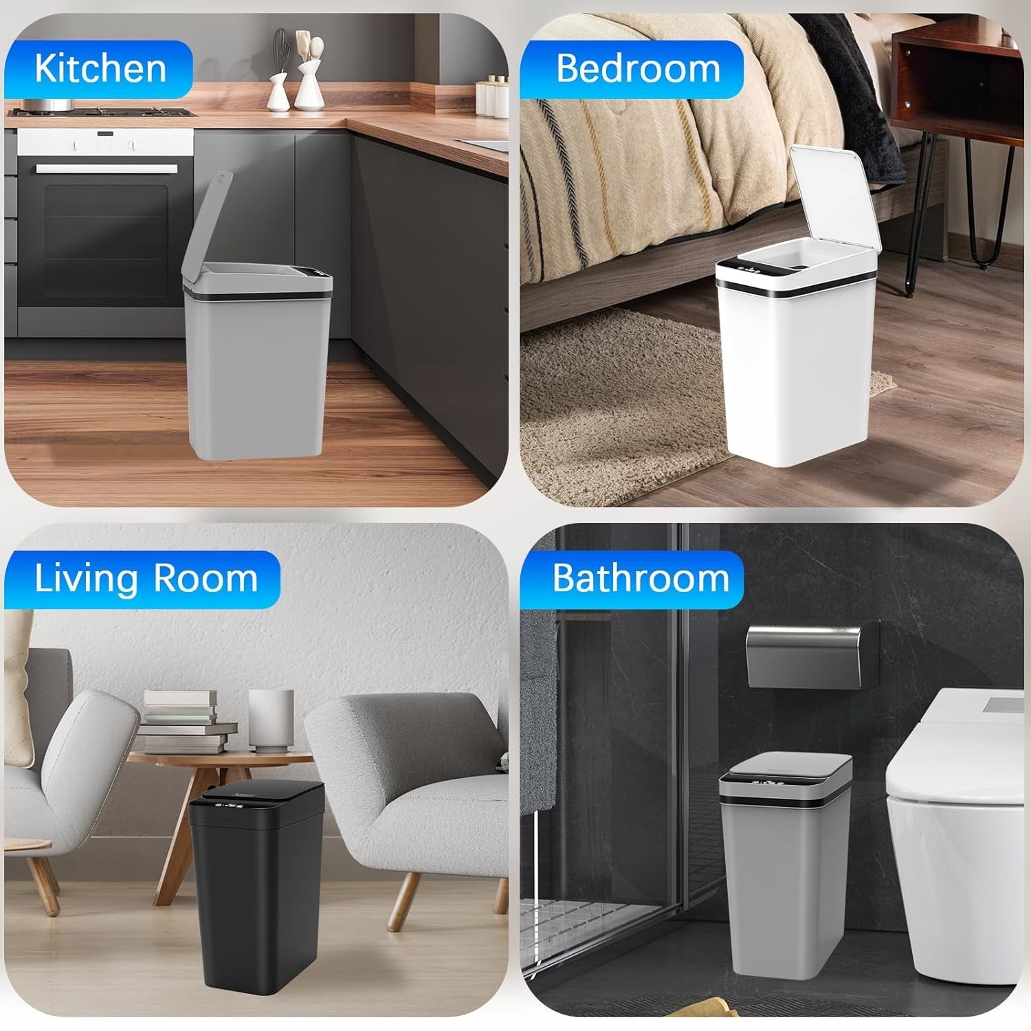 3 Pack 10L Motion Sensor Bathroom Bins – Touchless Slim Trash