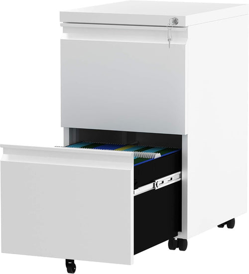 White 2 Drawer Lockable File Cabinet 51x39x71cm Mobile Steel