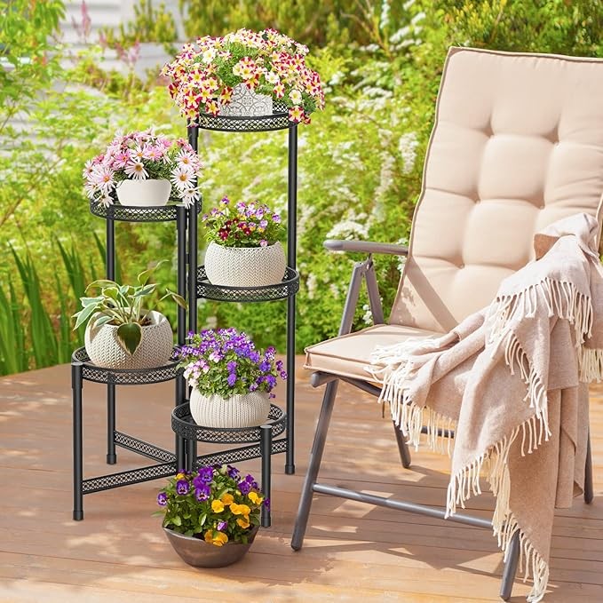 5 Tier Black Metal Plant Stand Indoor Outdoor Corner Tiered Flower Shelf