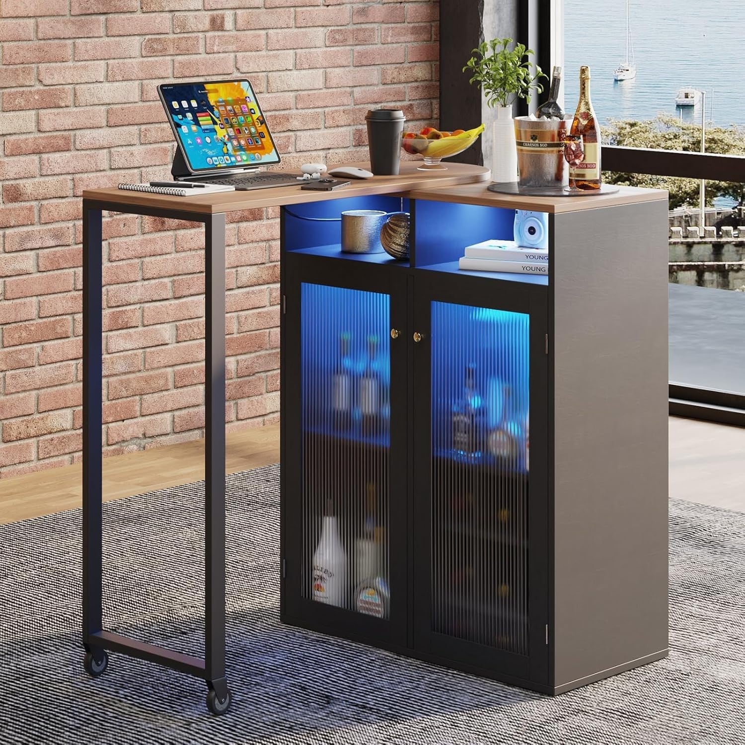 L-Shaped Home Bar Cabinet with LED Lights & Power Outlets, Wine Storage & Shelve
