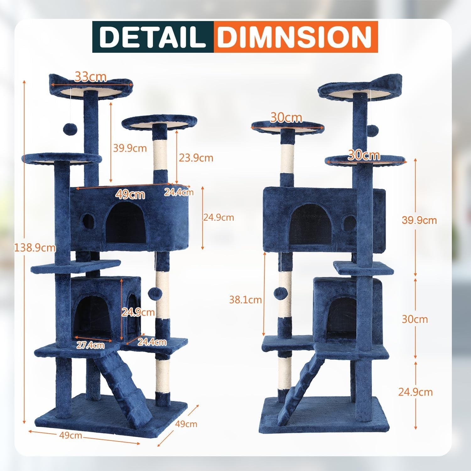 Navy Blue Multi Level Cat Tree Tower 139cm with Condo Scratching Posts Play Cent