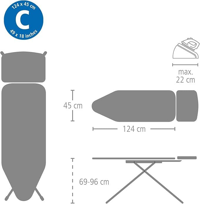 Extra Large Ironing Board 124x45cm Adjustable Height Steam Iron Rest Foldable
