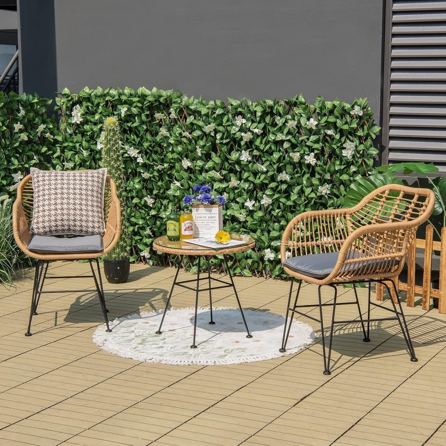 3 Piece Rattan Bistro Set Outdoor Patio Chairs with Glass Table & Cushions