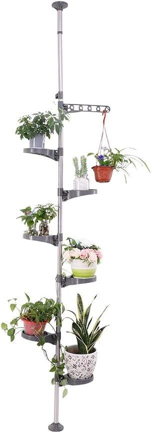 7 Tier Adjustable Tension Pole Plant Stand Grey Indoor Flower Pot Display Rack