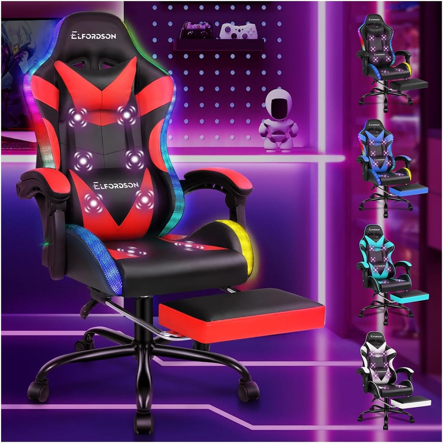 Red LED Gaming Chair RGB 8-Point Massage Recliner w/ Footrest