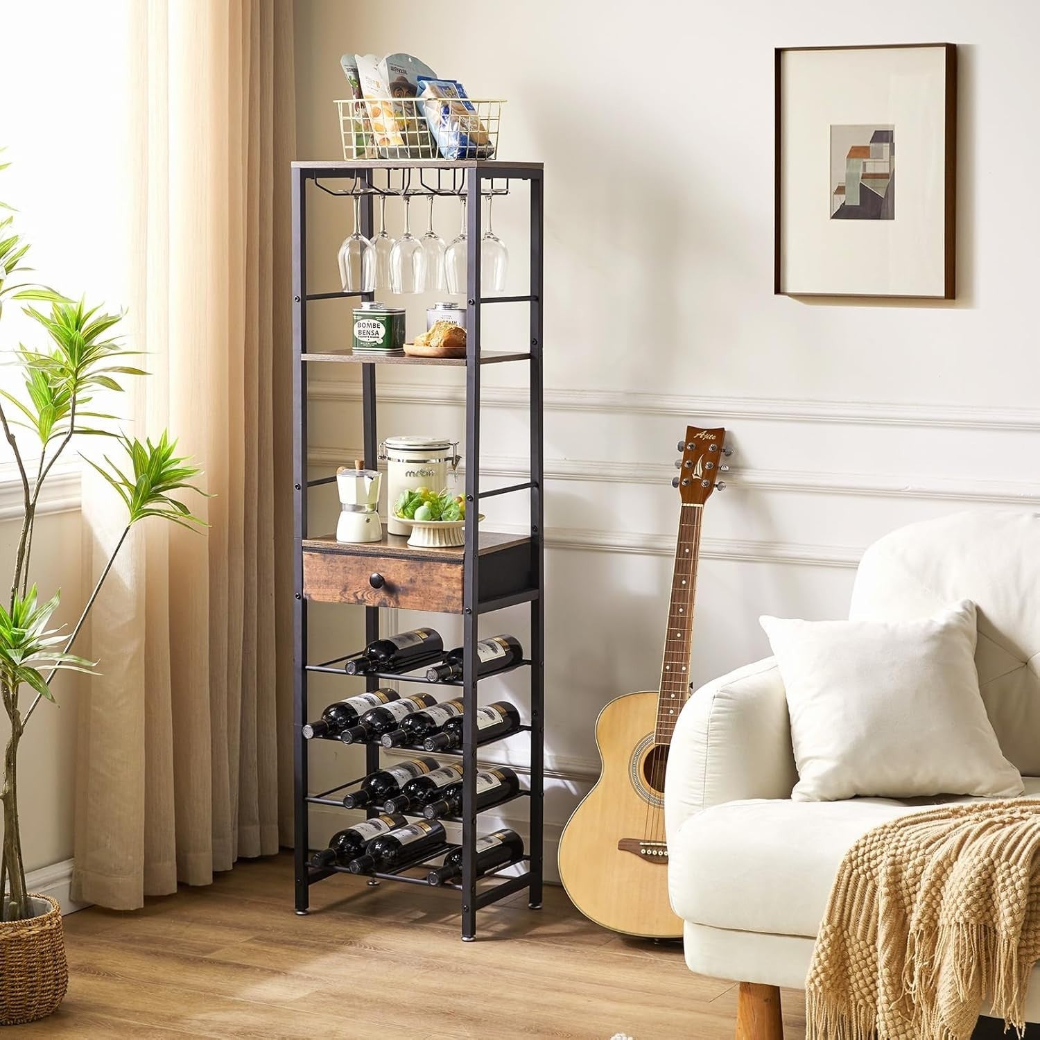 Freestanding Wine Rack Bar Cabinet with Drawer 16 Bottle Storage Shelf