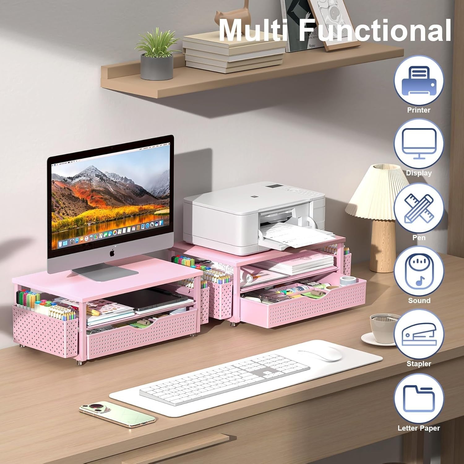 Wood & Steel Monitor Stand Riser with Drawer & Pen Holders – Desk Organizer Pink