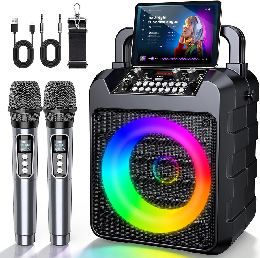 Karaoke Machine with 2 Wireless Mics Bluetooth PA Speaker LED