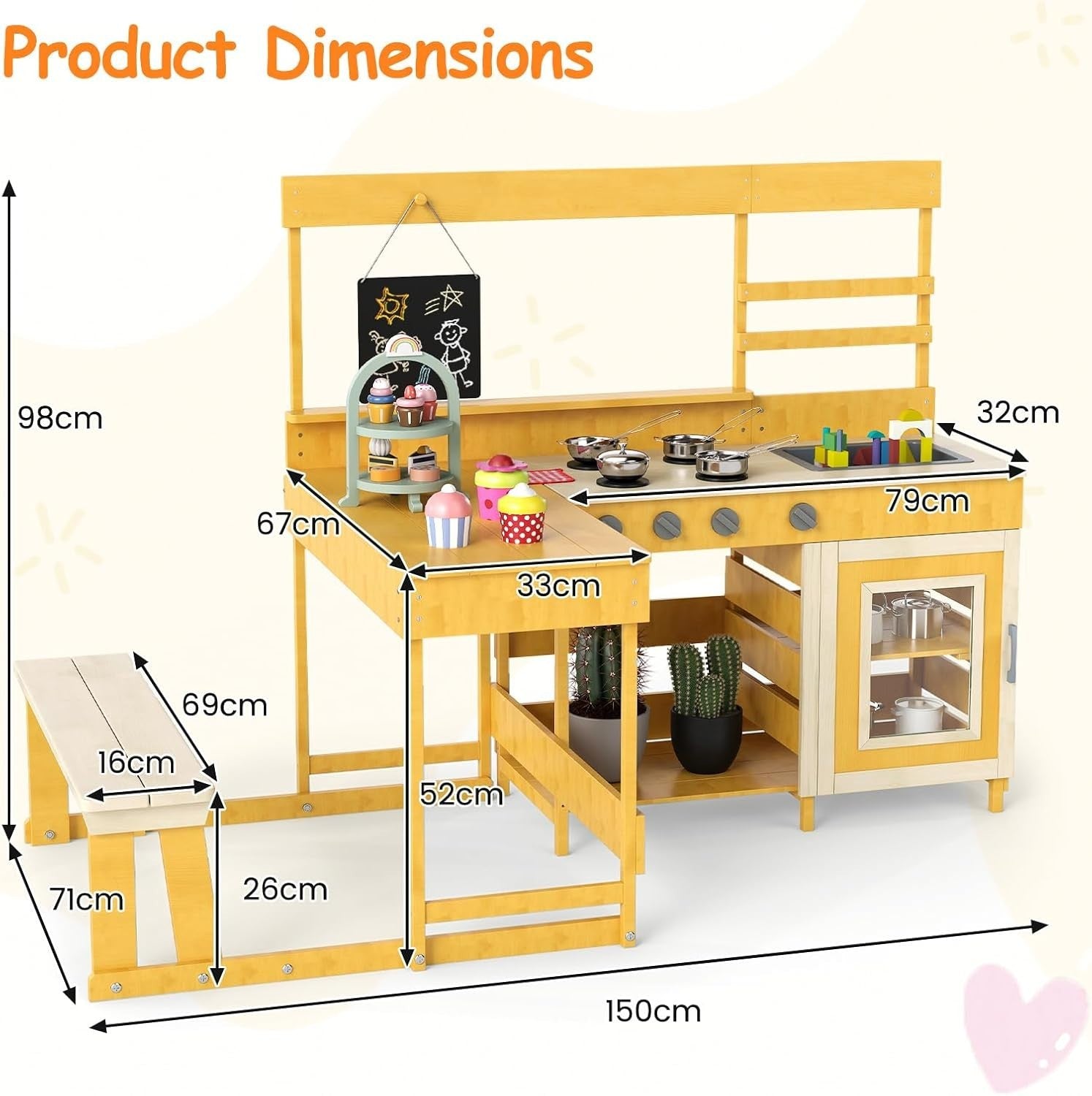 Outdoor Mud Kitchen Kids Wooden Playset w/ Picnic Table Blackboard