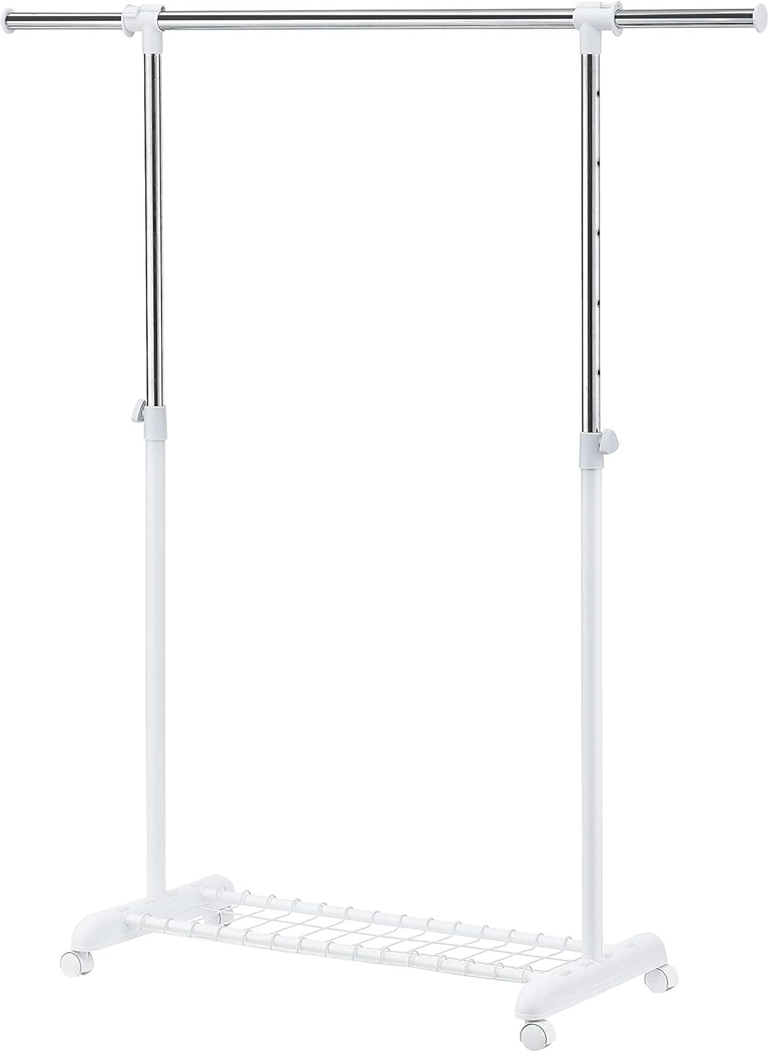Heavy Duty Adjustable Clothes Rail with Wheels & Shelf – White