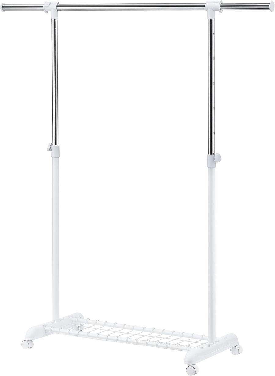 Heavy Duty Adjustable Clothes Rail with Wheels & Shelf – White