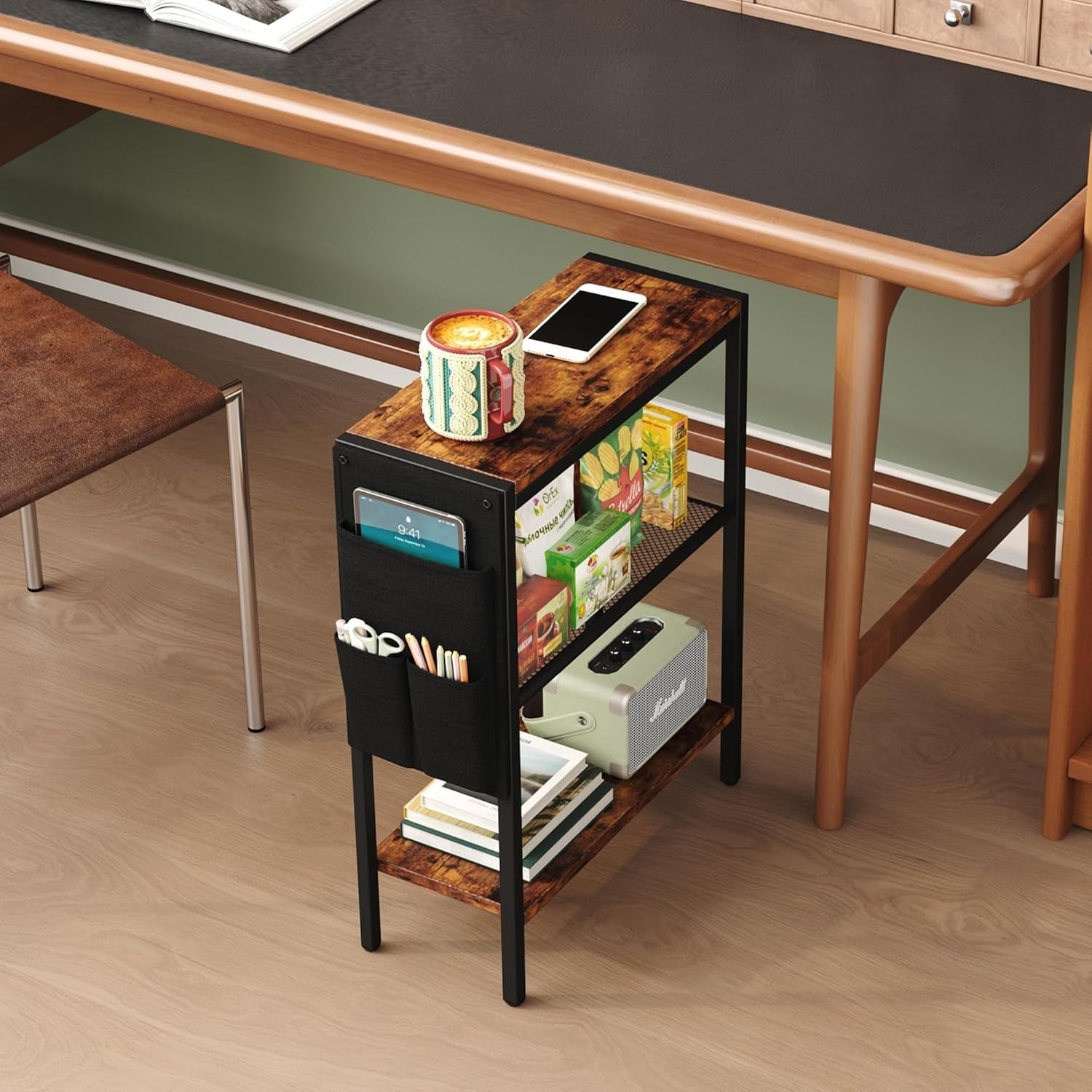 Slim 3-Tier Rustic Side Table with Storage Bag – Narrow Sofa Bedside Unit