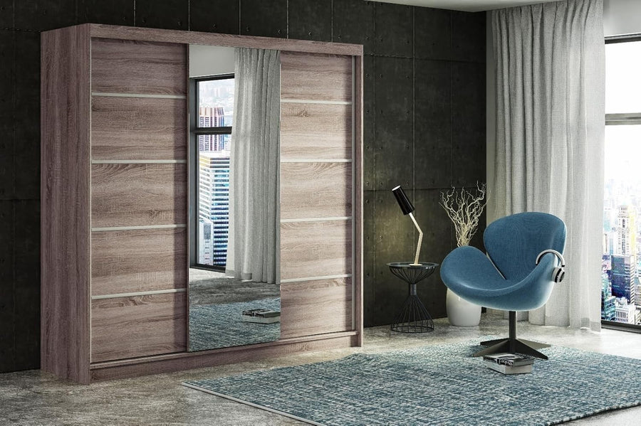 Modern Sliding Door Wardrobe with Mirror, 200cm, 8 Drawers, Floor Mount