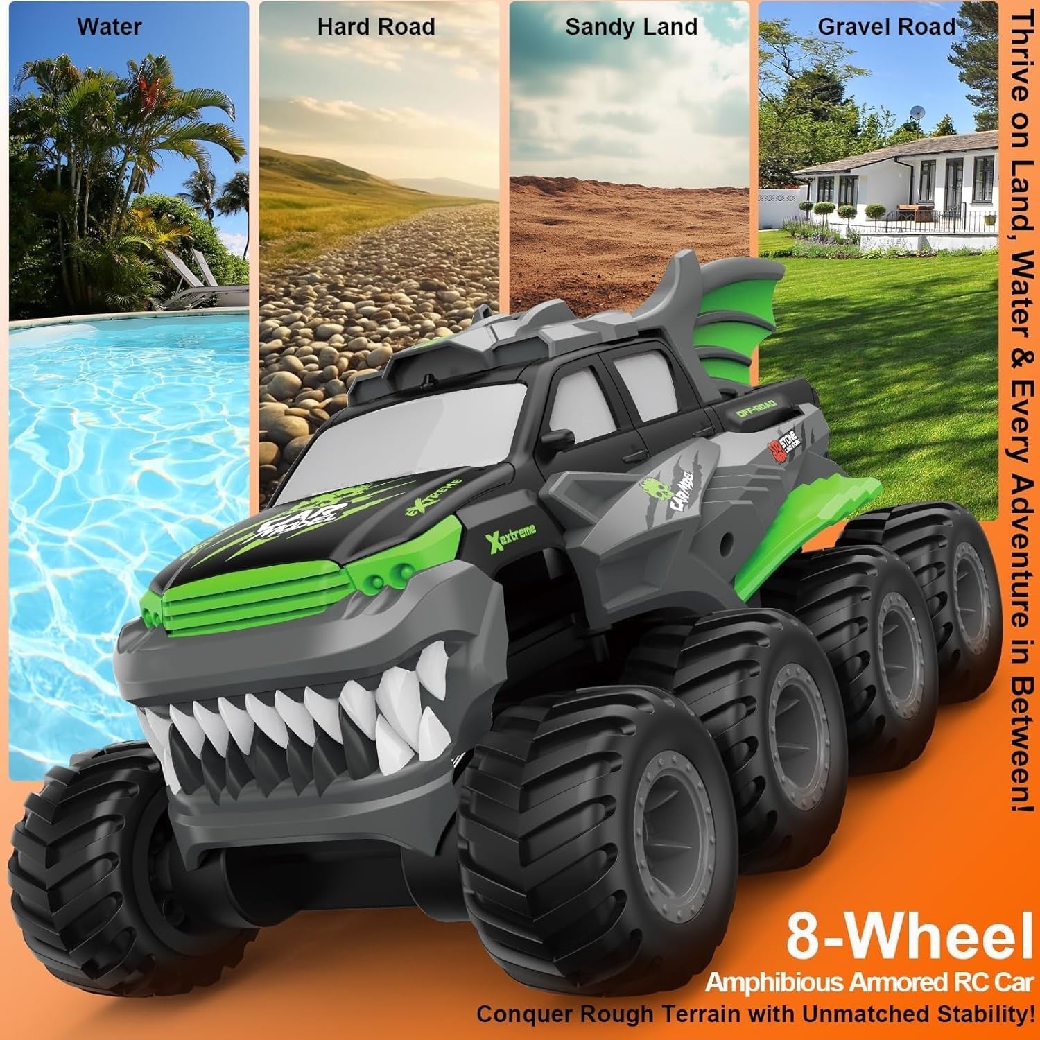 8WD Amphibious RC Monster Truck – Waterproof Off-Road Car w/ 2 Batteries, Green