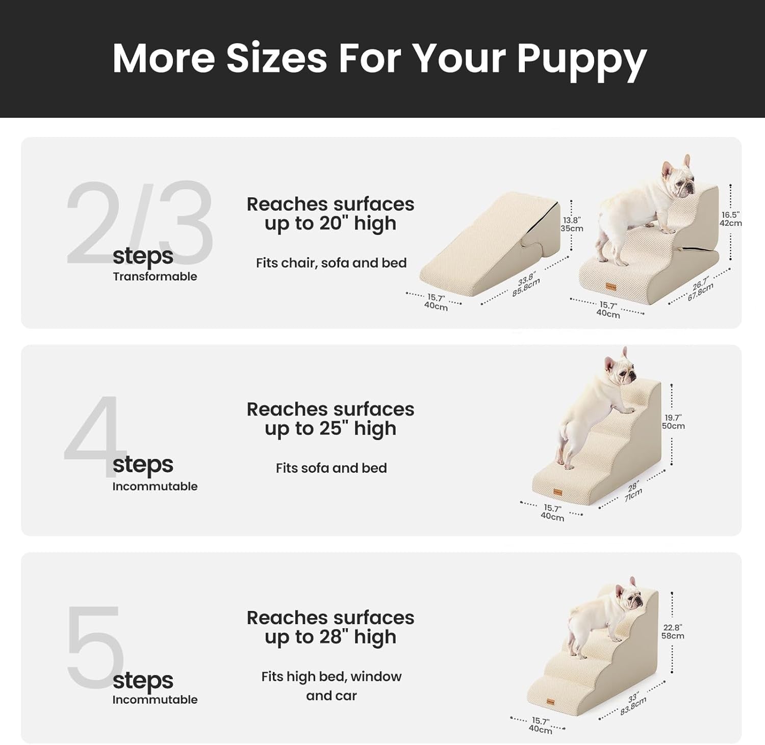 Adjustable 3 Step Dog Stairs Pet Ramp Non Slip Washable Beige