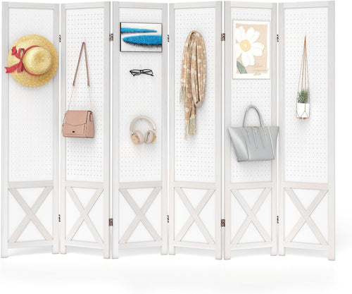 6 Panel White Wooden Folding Room Divider with Pegboard Display 246x170cm