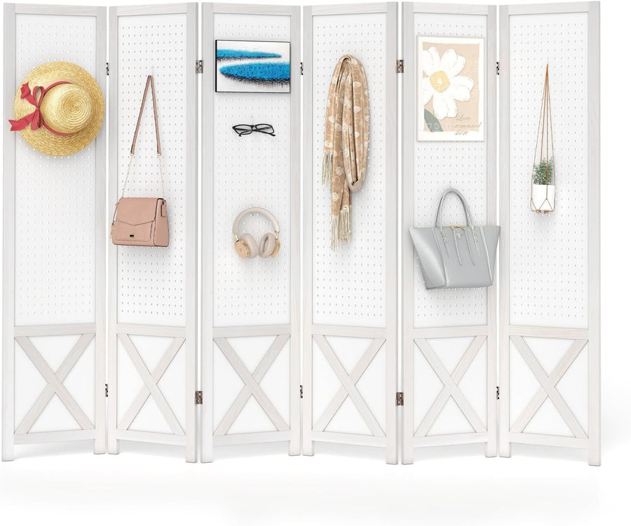 6 Panel White Wooden Folding Room Divider with Pegboard Display 246x170cm